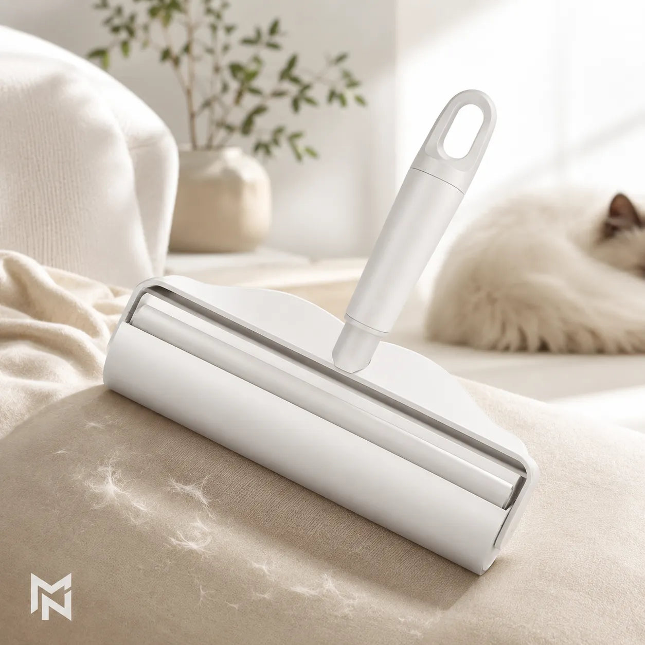 White pet hair removal roller on a beige surface with a cat in the background