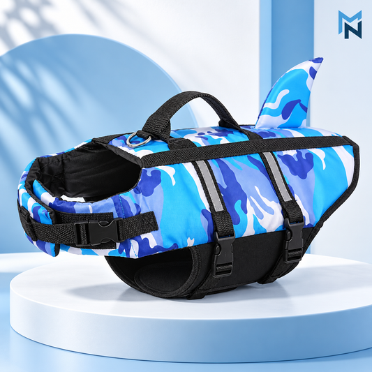Blue camo shark fin dog life jacket studio image