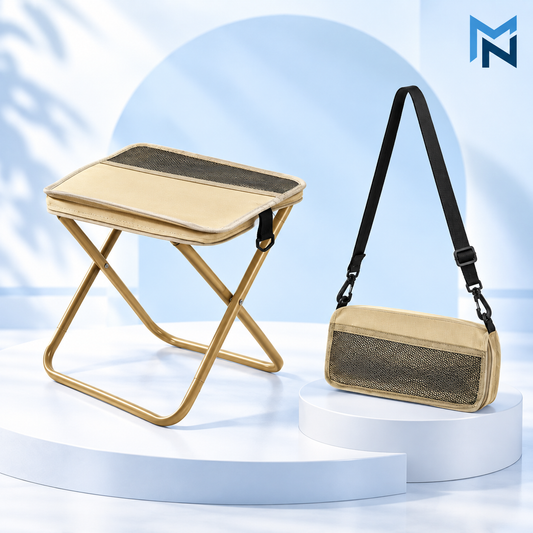 Khaki foldable camping stool, studio product shot