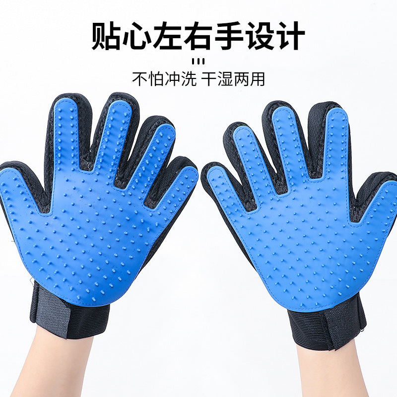Pink five-finger pet grooming glove with textured rubber surface