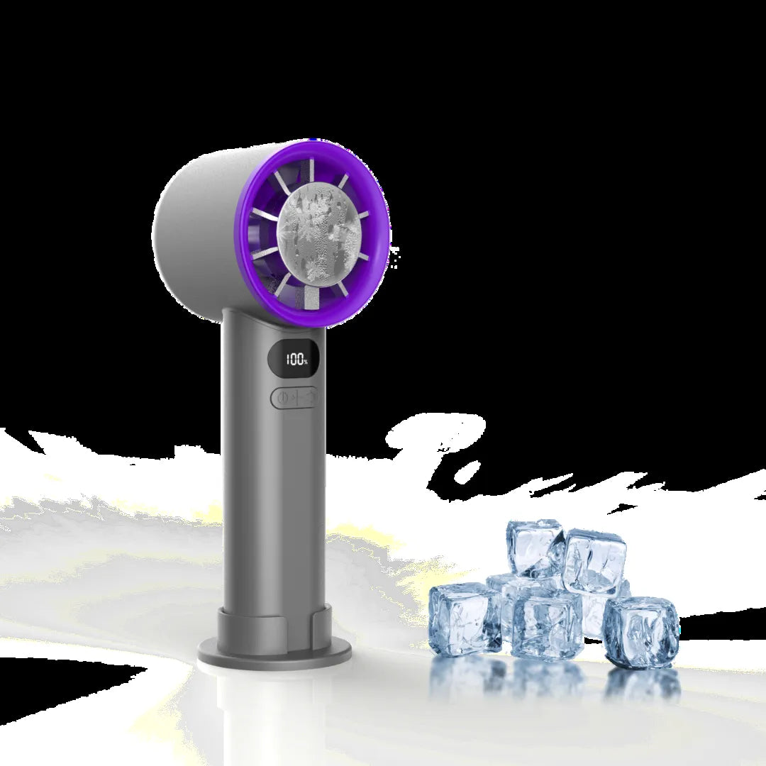 Handheld  fan cooling make with purple top and gray body, surrounded by ice cubes on a white background.