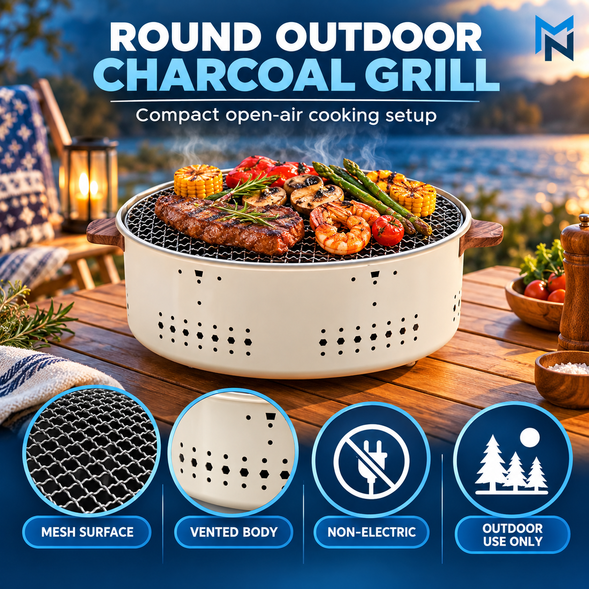 Round outdoor charcoal grill, feature view