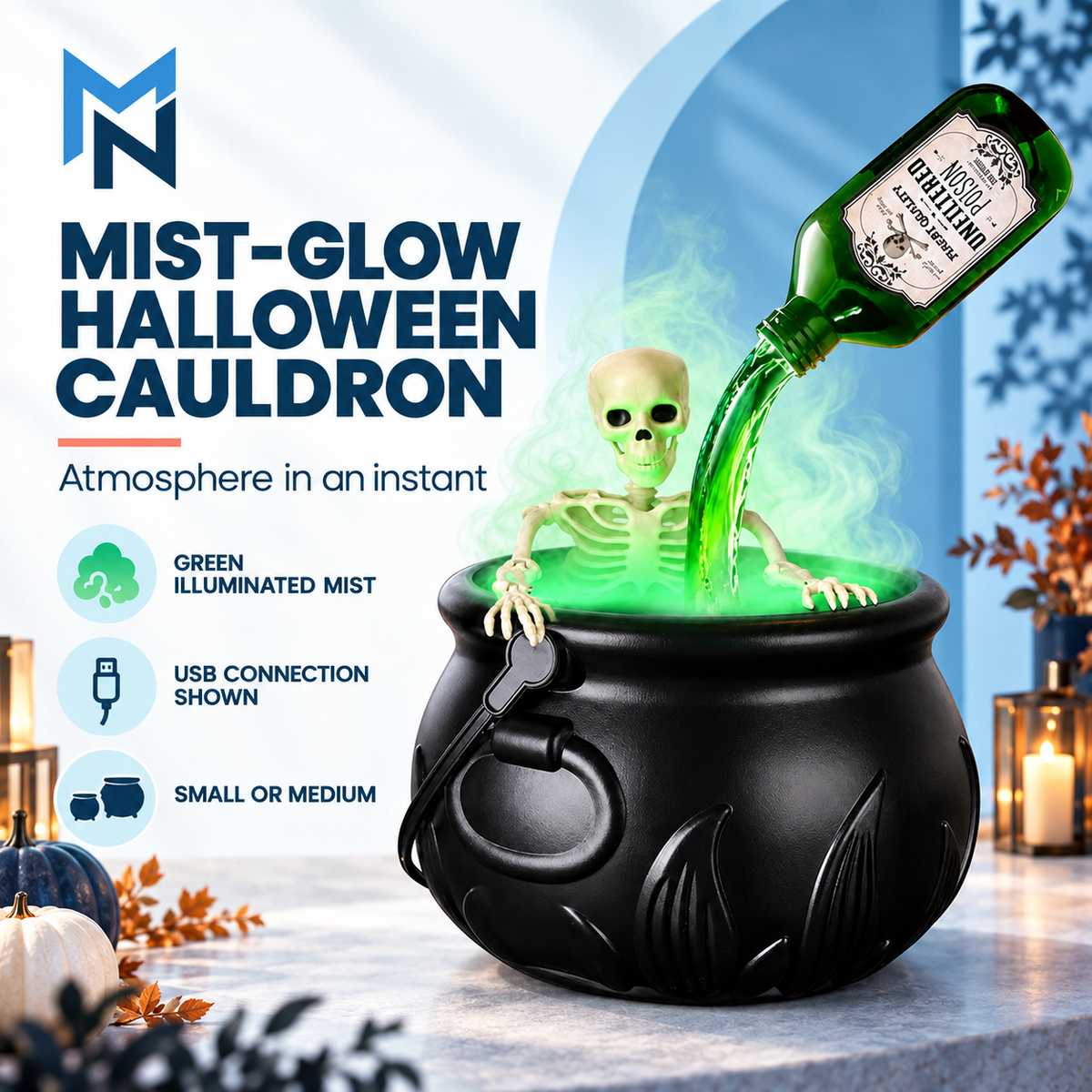 Mist-Glow Halloween Cauldron featuring USB mist maker, skeleton figure and suspended bottle