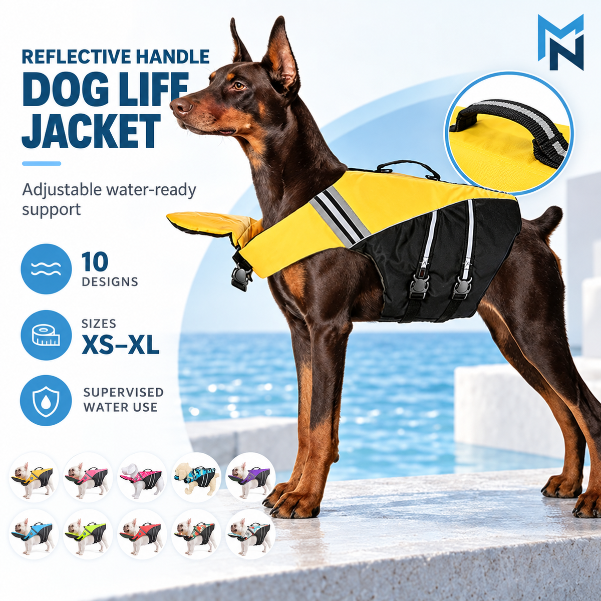 Reflective handle dog life jacket feature image
