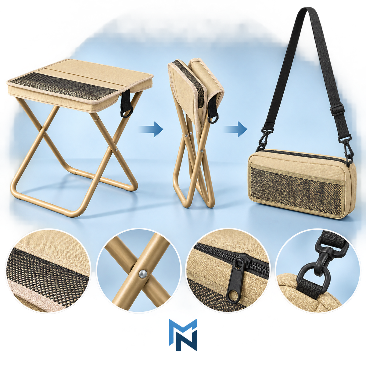 Khaki foldable camping stool, detail view of stool-to-bag transformation