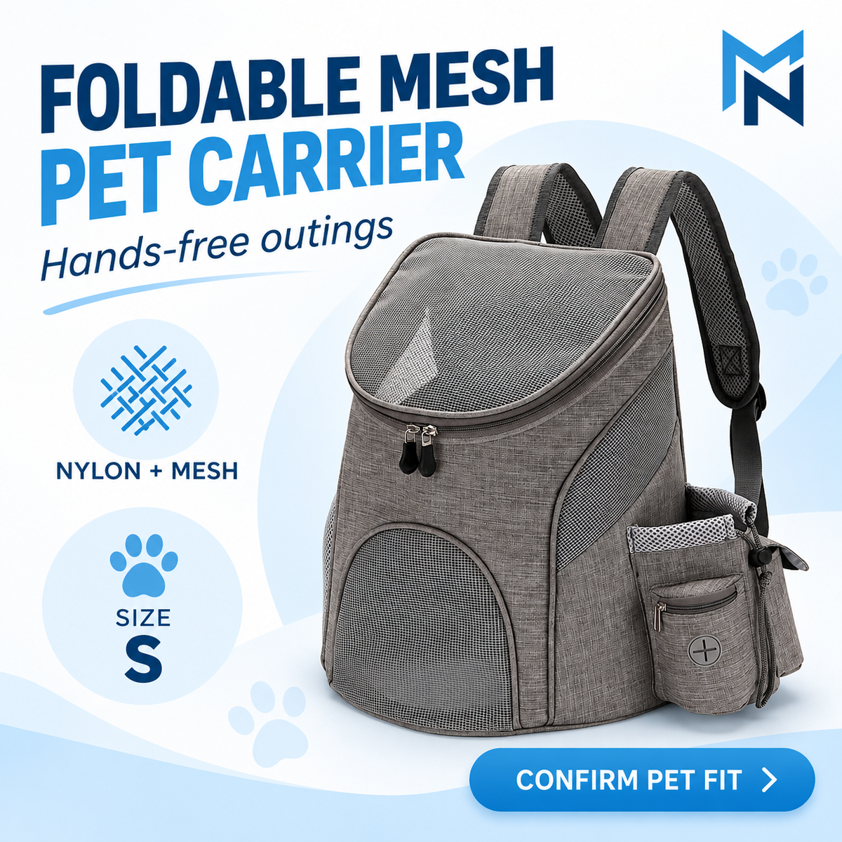 Foldable mesh pet carrier backpack in grey, feature photo