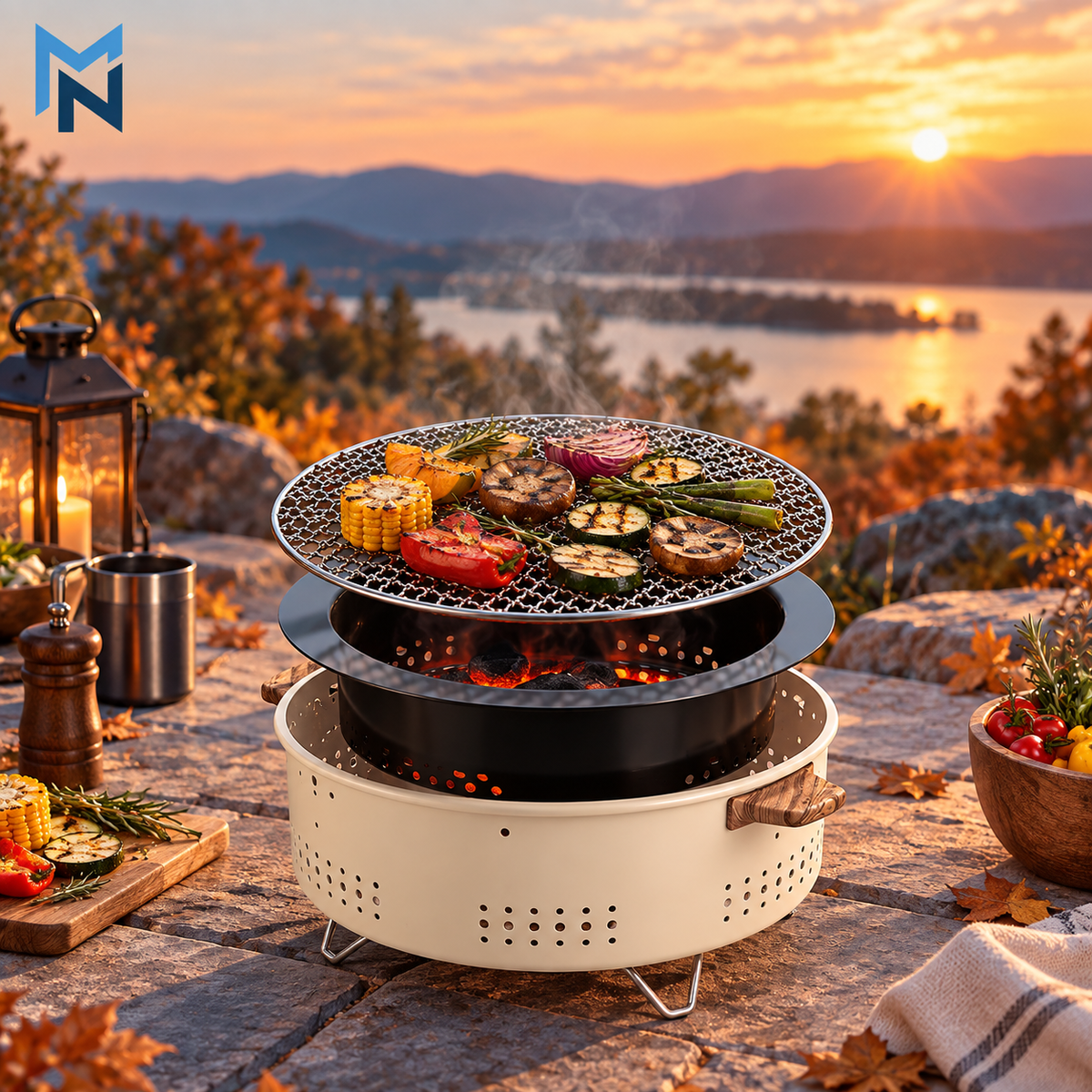 Portable outdoor charcoal grill, lifestyle shot