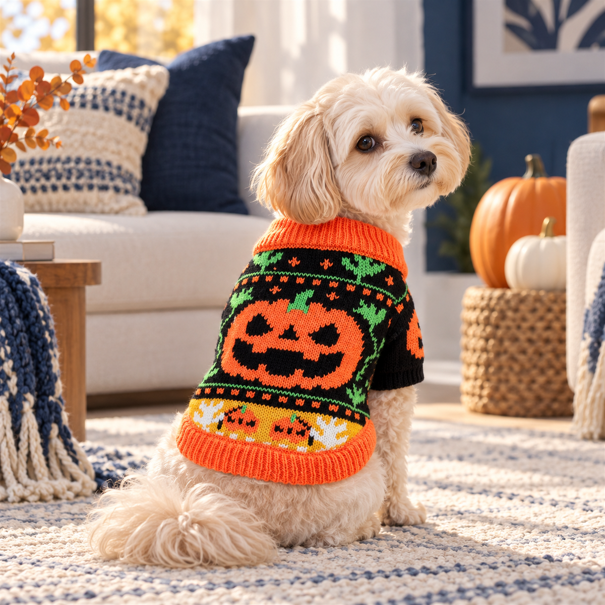 Pumpkin Halloween knit pet sweater lifestyle photo
