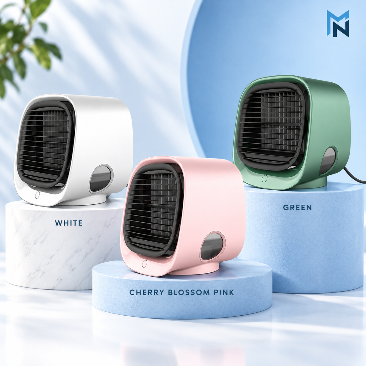 Desktop fan in White, Cherry Blossom Pink, and Green