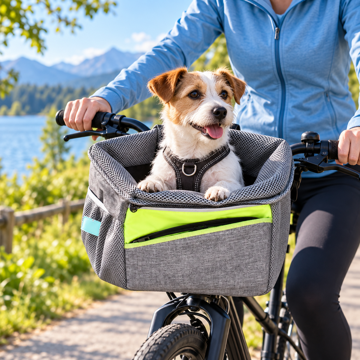 Bicycle pet carrier basket lifestyle photo