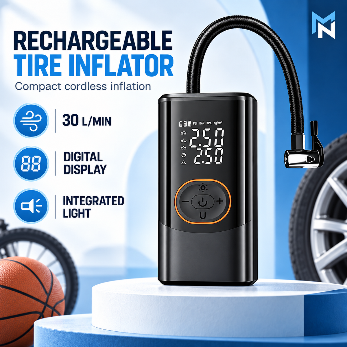 Rechargeable digital tire inflator feature highlights