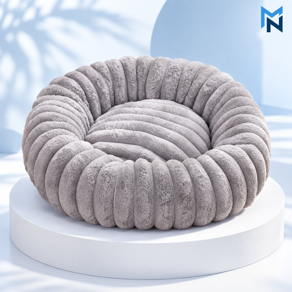 Grey ribbed plush round pet bed studio image