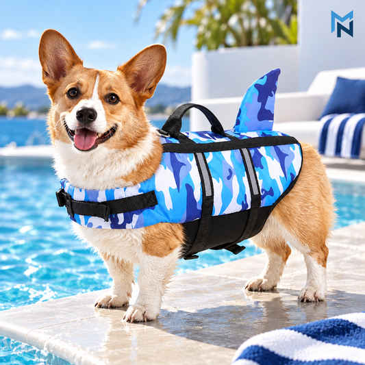 Blue camo shark fin dog life jacket lifestyle image