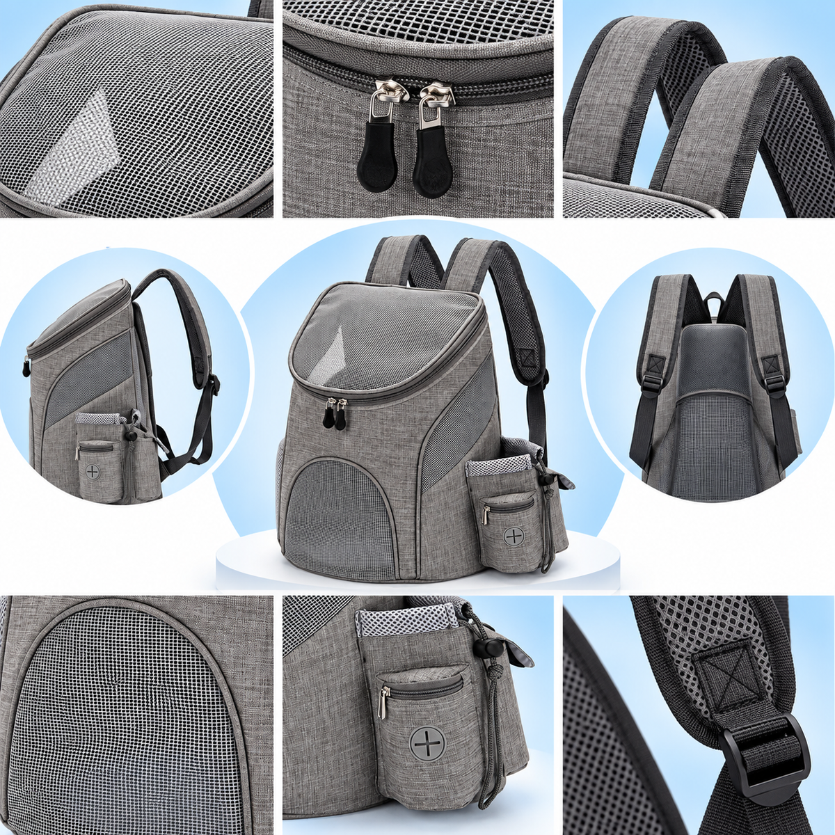 Foldable mesh pet carrier backpack in grey, detail photo