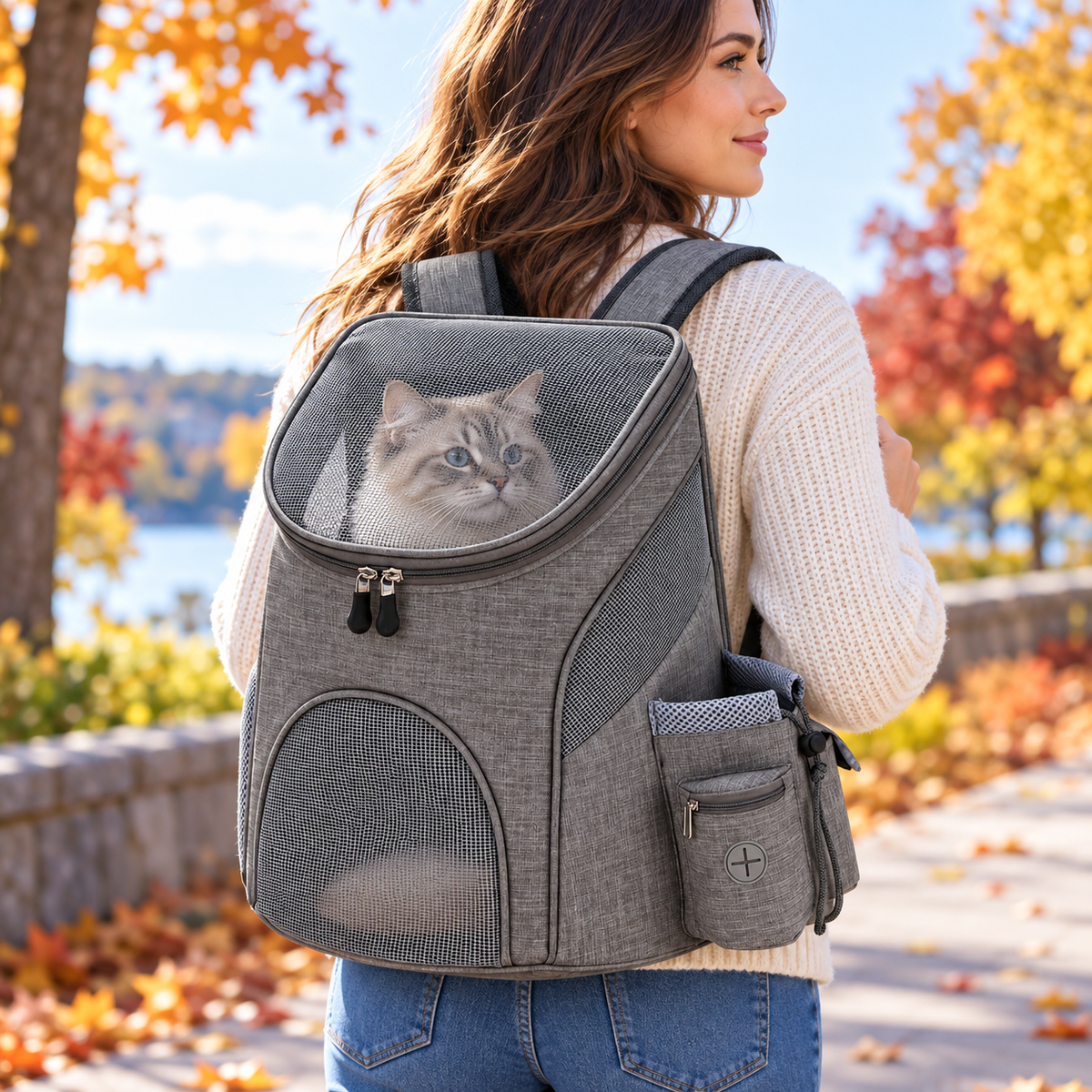 Foldable mesh pet carrier backpack in grey, lifestyle photo