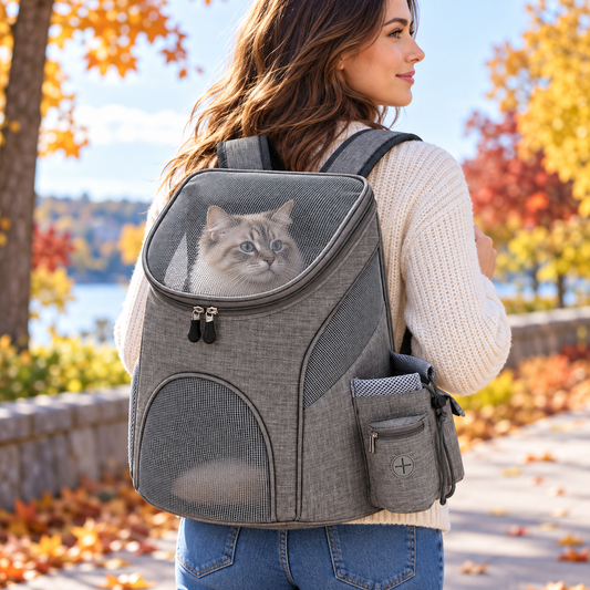 Foldable mesh pet carrier backpack in grey, lifestyle photo