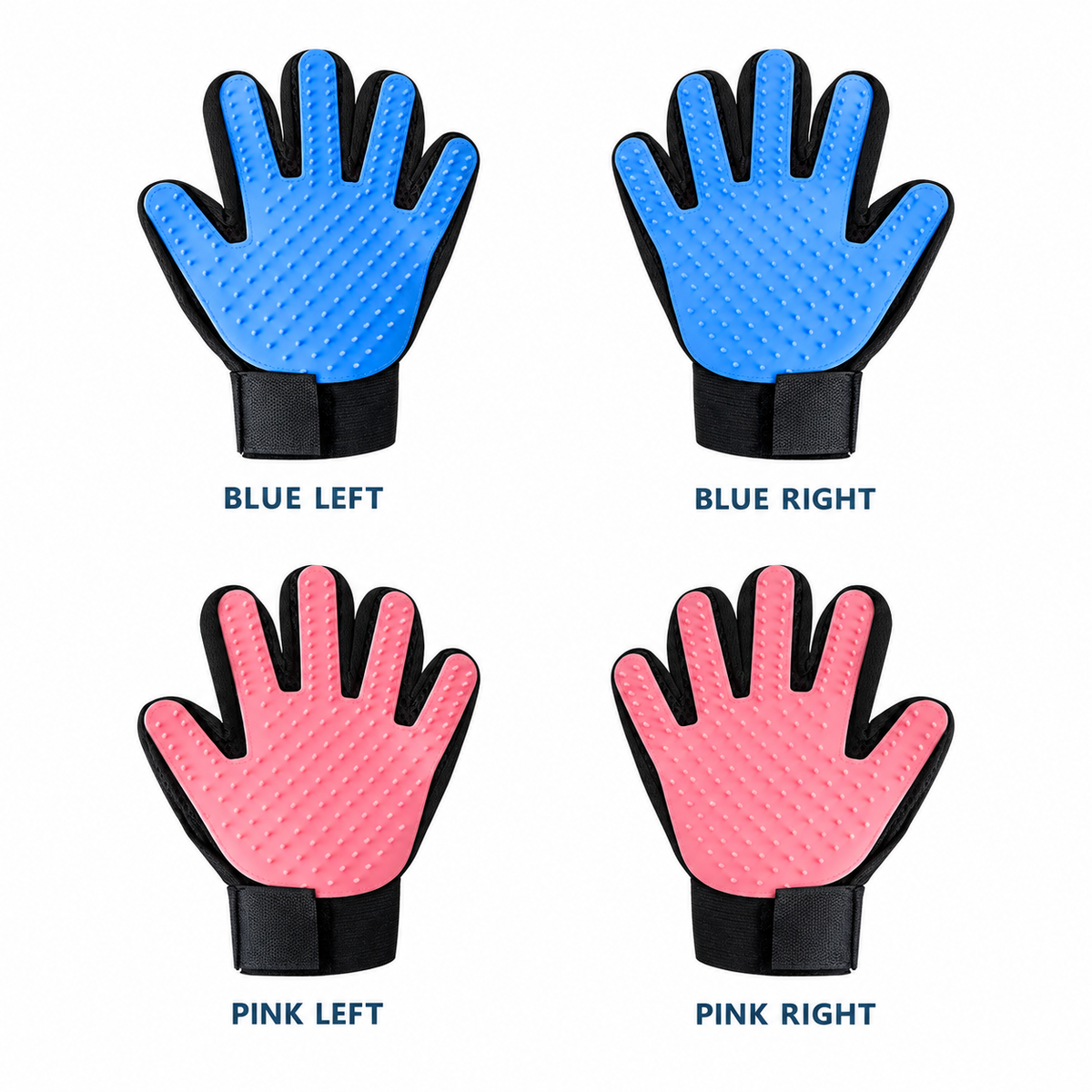 Five-finger pet grooming glove color and hand variant overview