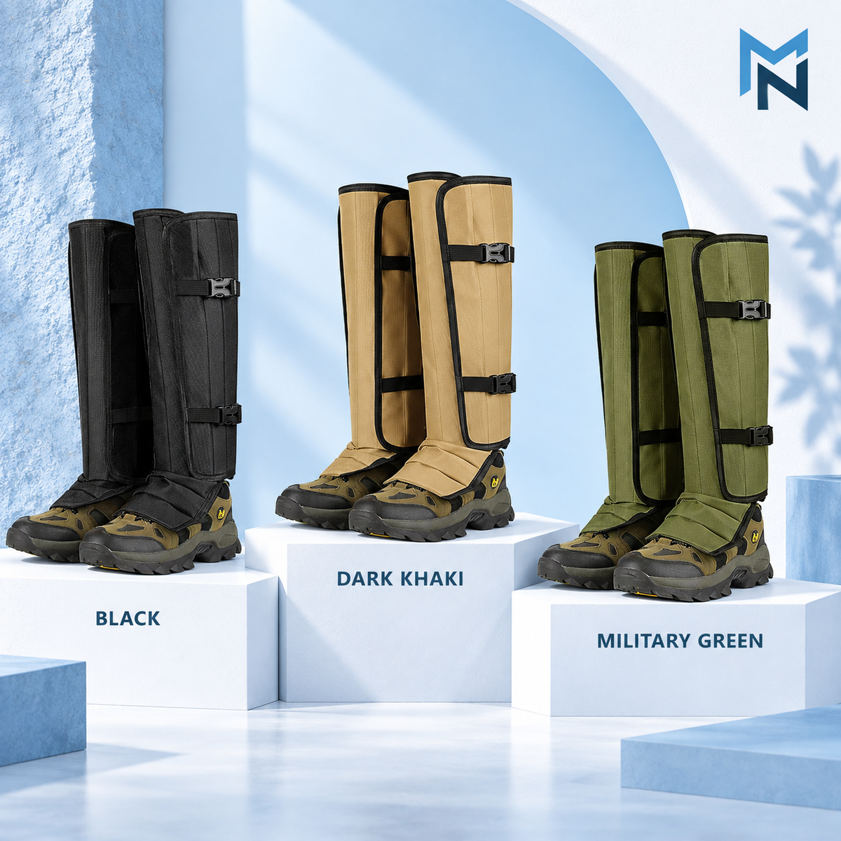 Outdoor calf gaiters in Black, Dark Khaki, and Military Green