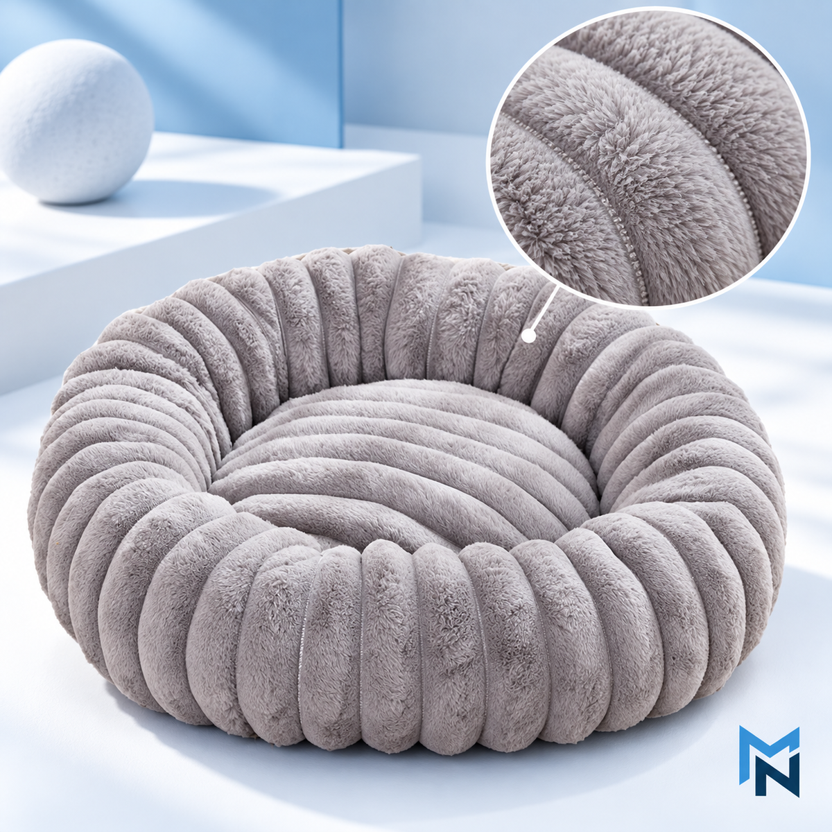 Grey ribbed plush round pet bed detail image