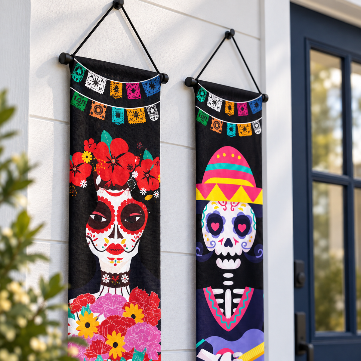 Close-up detail of the polyester fabric and print on the Festive Skeletons Halloween banner