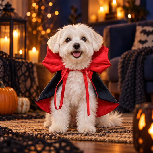 Red Vampire Pet Cape shown in a Halloween lifestyle scene