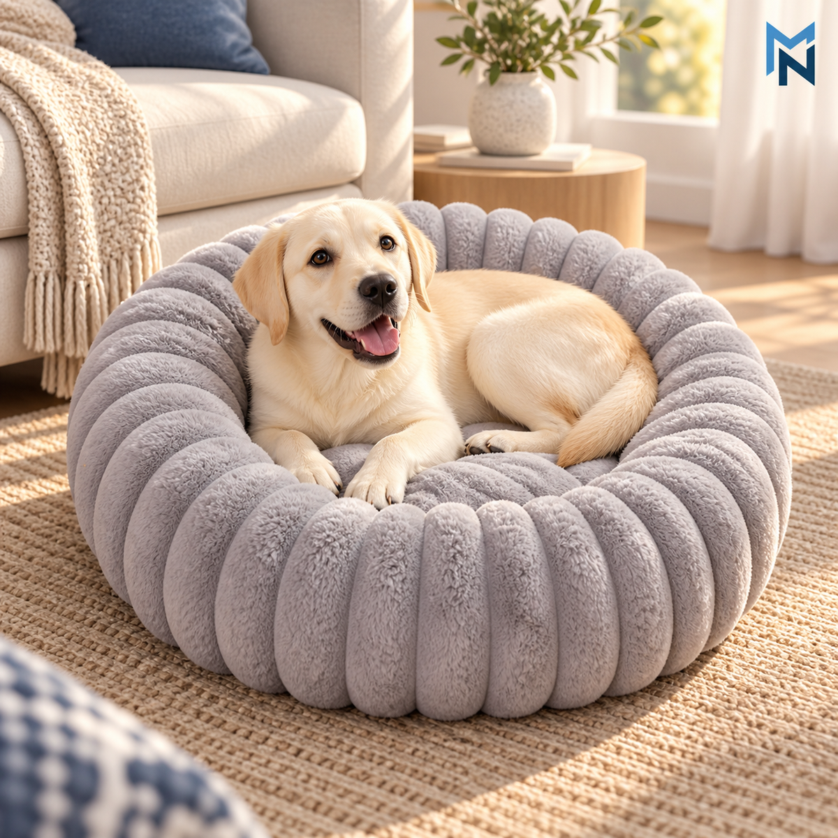 Grey ribbed plush round pet bed lifestyle image