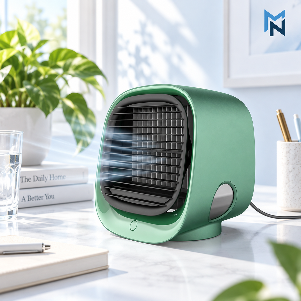 Green USB water-cooling desktop fan lifestyle photo