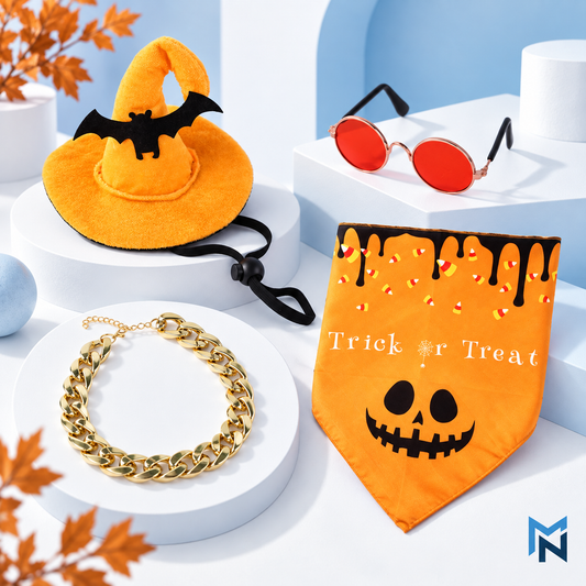 Studio shot of the four-piece Bat Halloween pet dress-up set