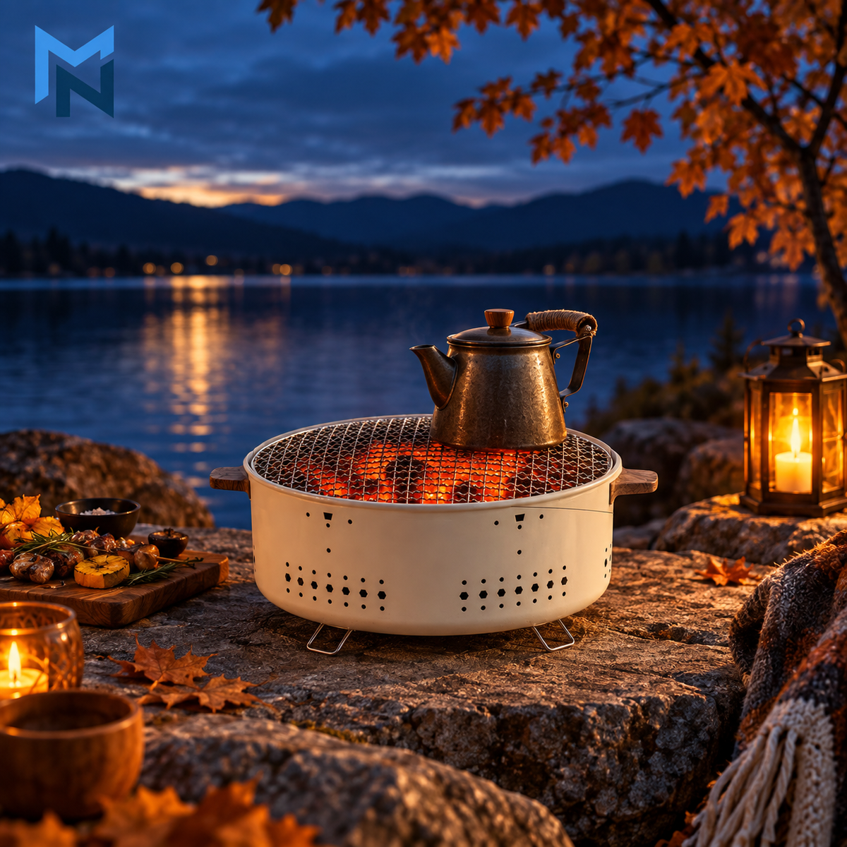Round outdoor charcoal grill, lifestyle shot