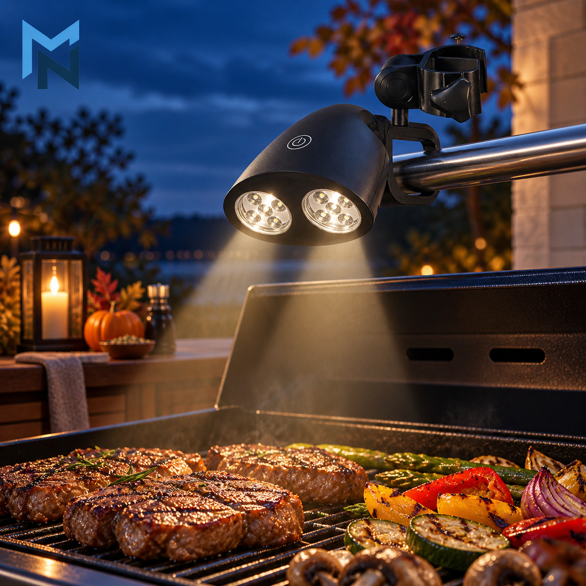 Dual-head clip-on grill light lifestyle photo on grill