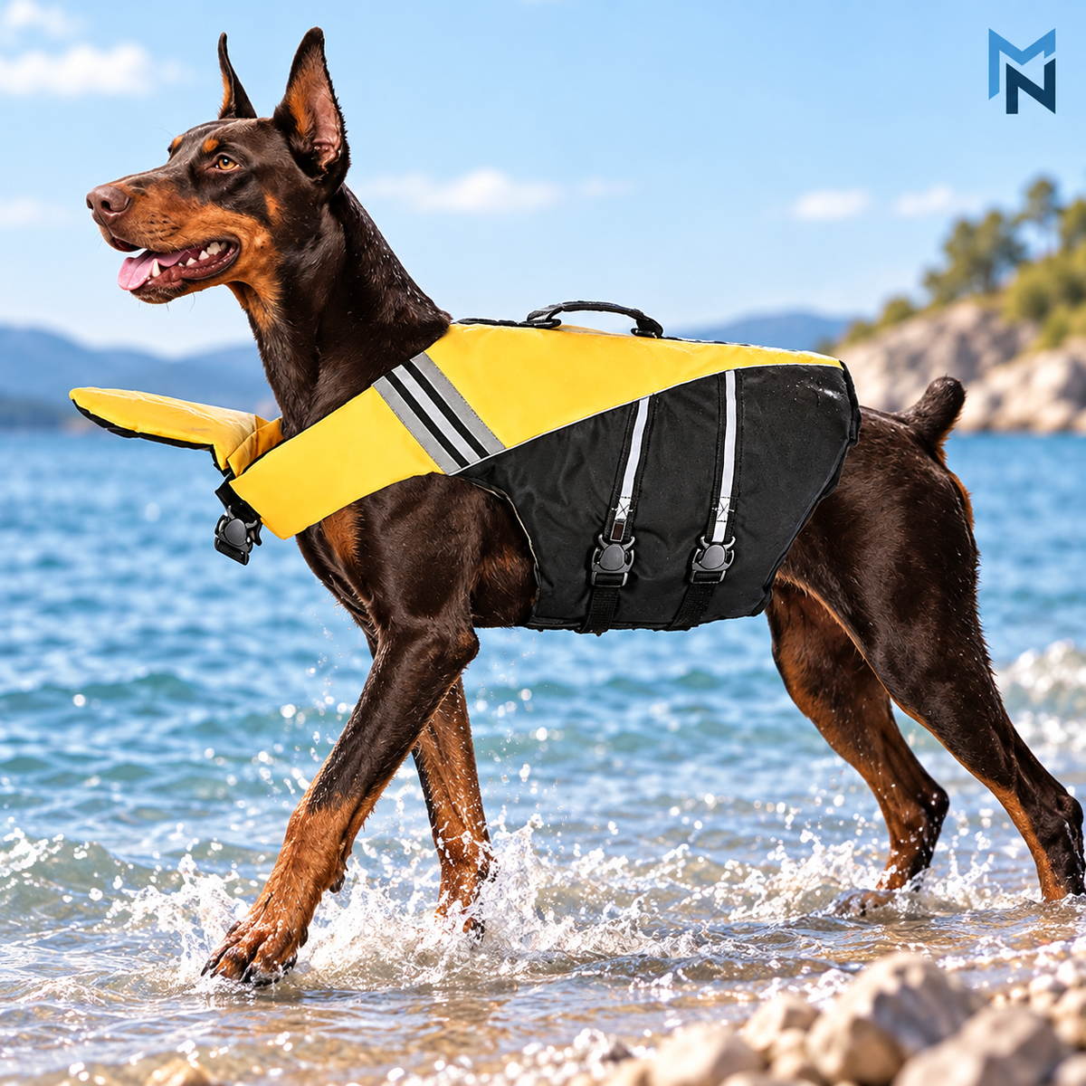 Yellow reflective handle dog life jacket lifestyle image