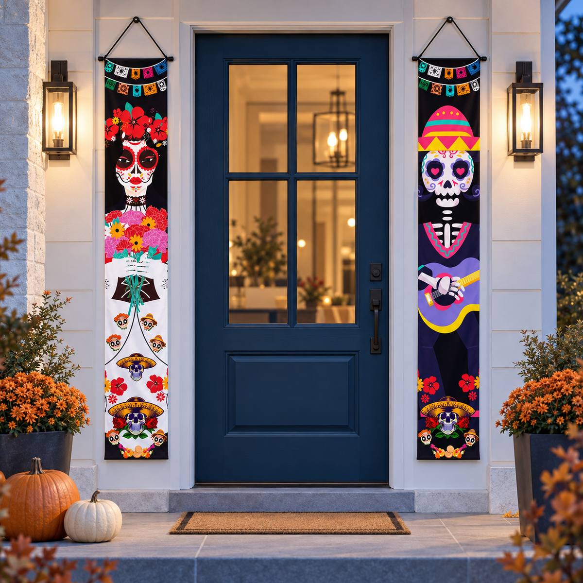 Halloween Door Banner Set in the Festive Skeletons design hanging beside a front door