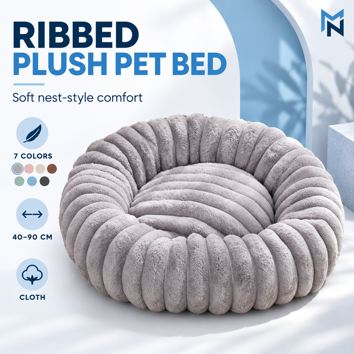 Grey ribbed plush round pet bed feature image