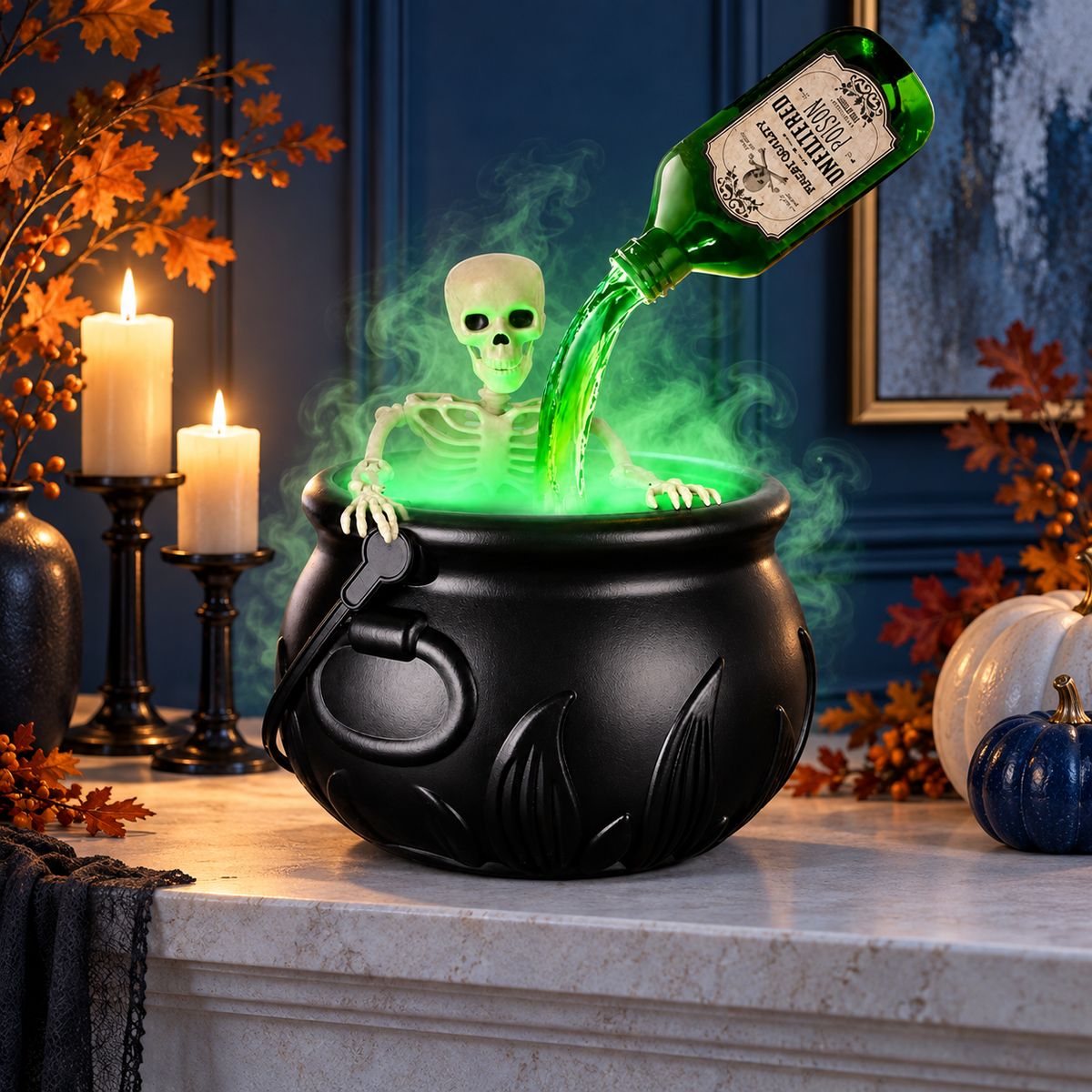 Mist-Glow Halloween Cauldron with illuminated green mist and skeleton figure, indoor display