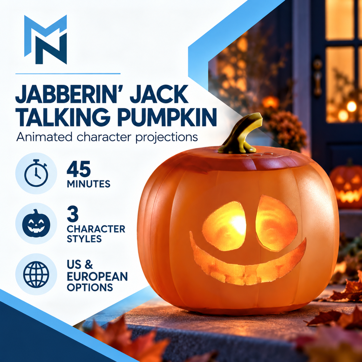 Animated talking pumpkin lantern, feature view