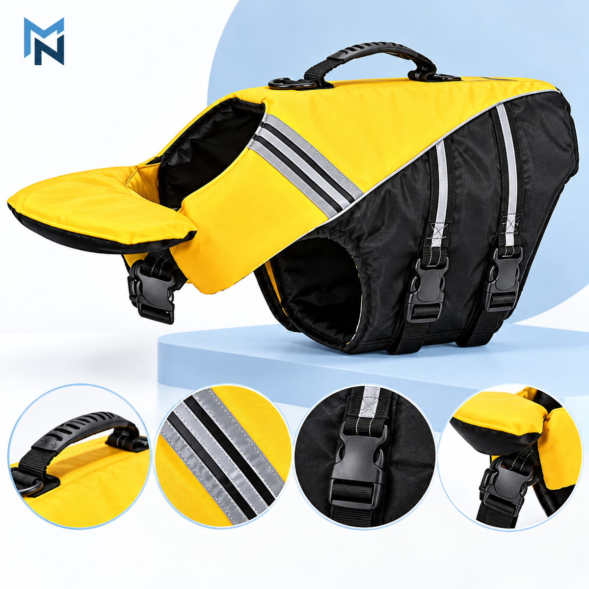 Yellow reflective handle dog life jacket detail image