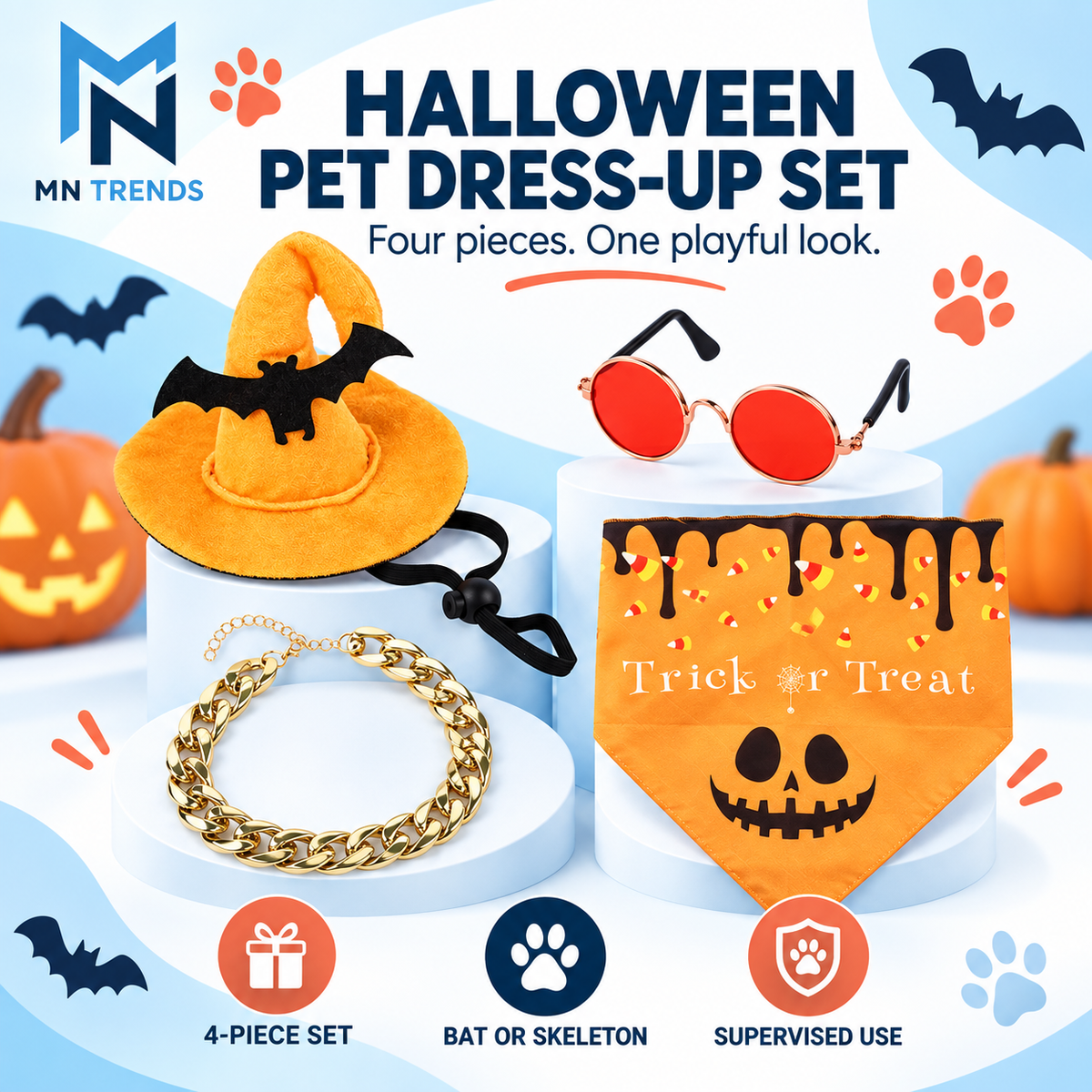 Halloween Pet Dress-Up Set featuring the Bat hat, red glasses, chain and Trick or Treat bandana
