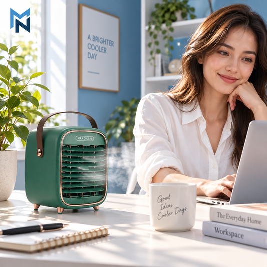 Green rechargeable water-mist desktop fan lifestyle photo