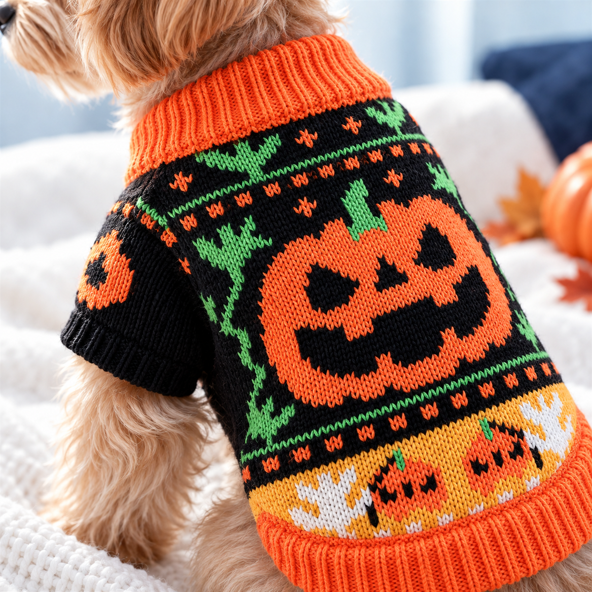 Pumpkin Halloween knit pet sweater detail photo