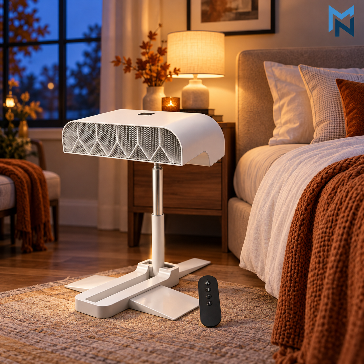 Rechargeable bed air circulation fan lifestyle photo in bedroom