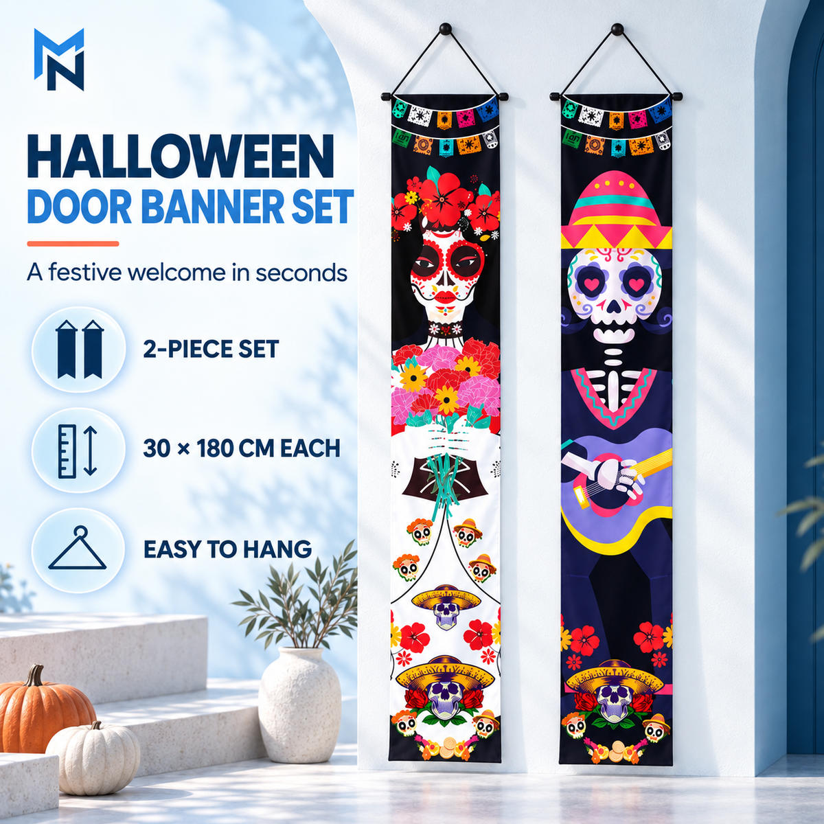 Halloween Door Banner Set, Festive Skeletons design, featuring the two-panel hanging format