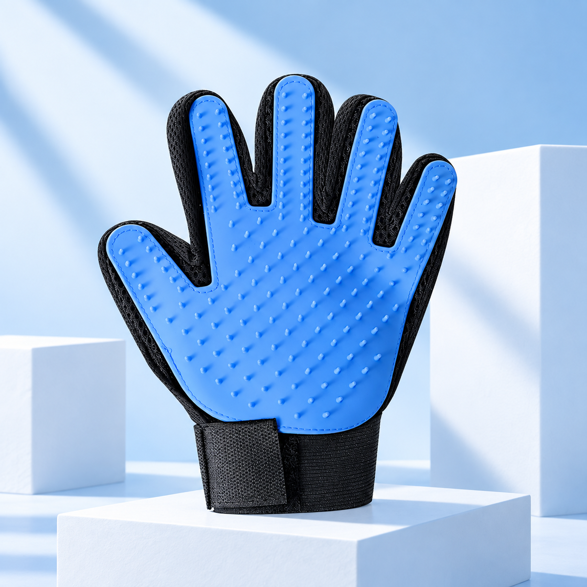 Blue five-finger pet grooming glove studio image