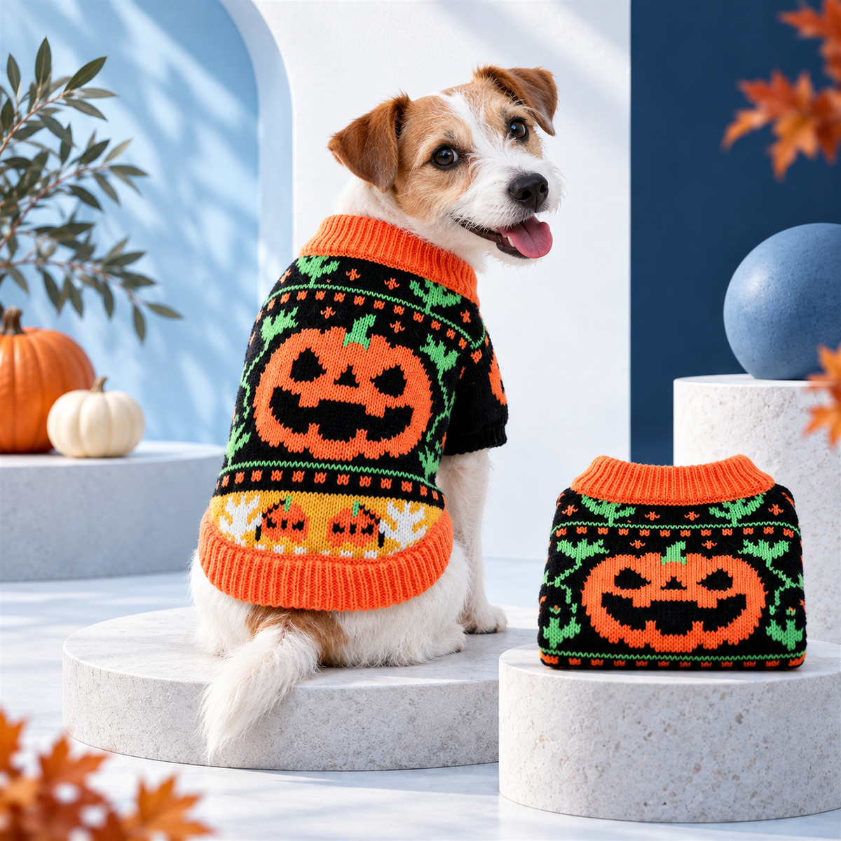 Pumpkin Halloween knit pet sweater studio photo