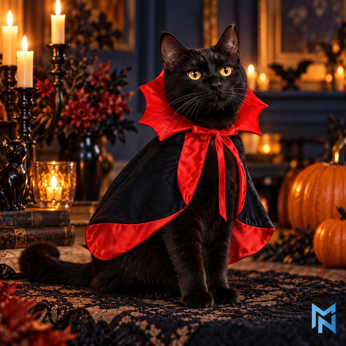 Vampire Pet Cape Costume shown in a Halloween lifestyle scene
