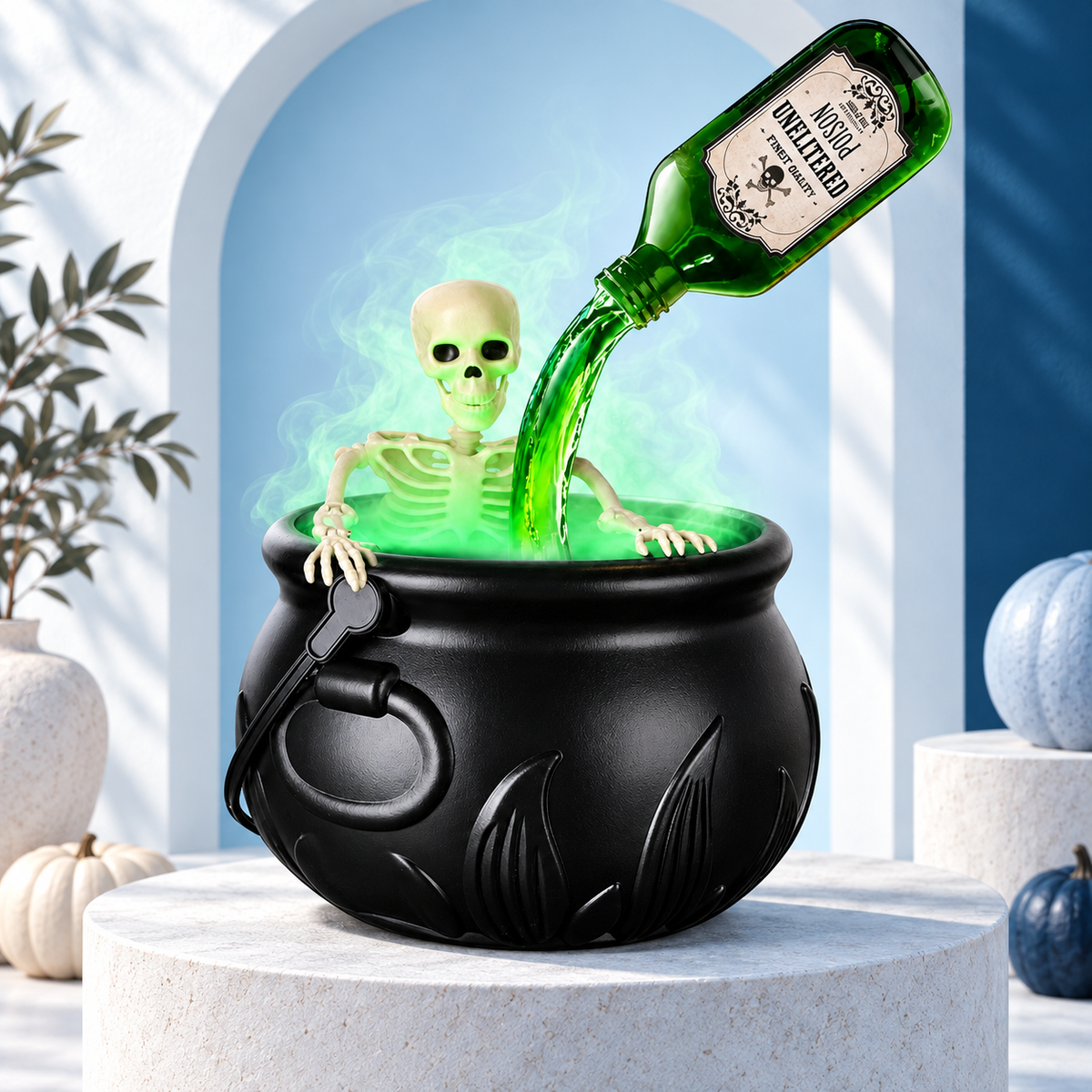 Studio shot of the Mist-Glow Halloween Cauldron with suspended potion bottle effect