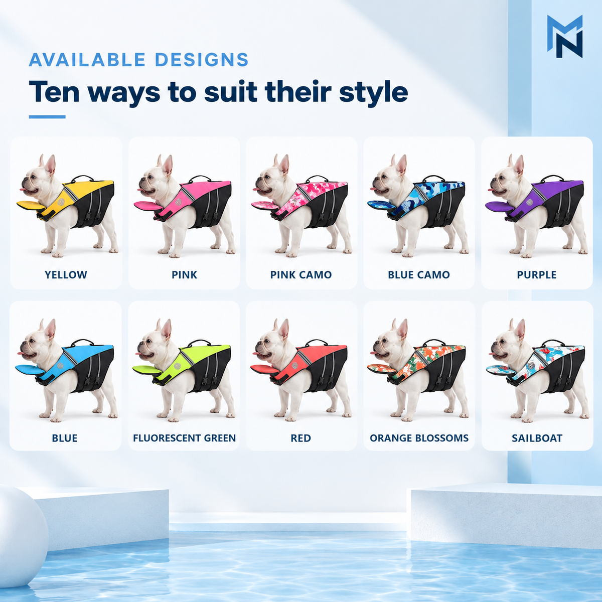 Reflective handle dog life jacket design and size variant overview