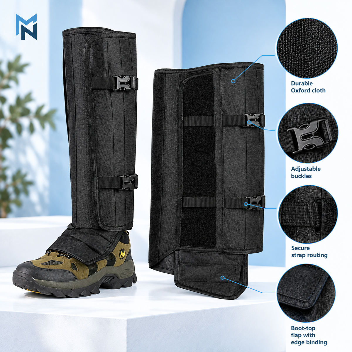 Black outdoor calf gaiters detail view of straps and buckles