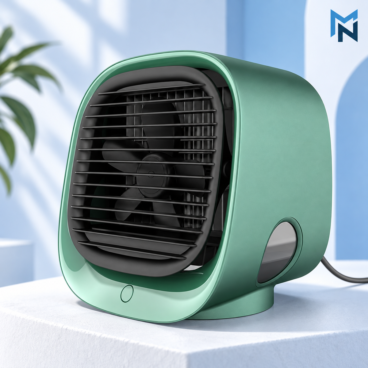 Green desktop fan detail view