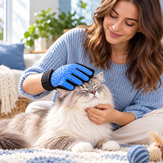 Blue five-finger pet grooming glove lifestyle image