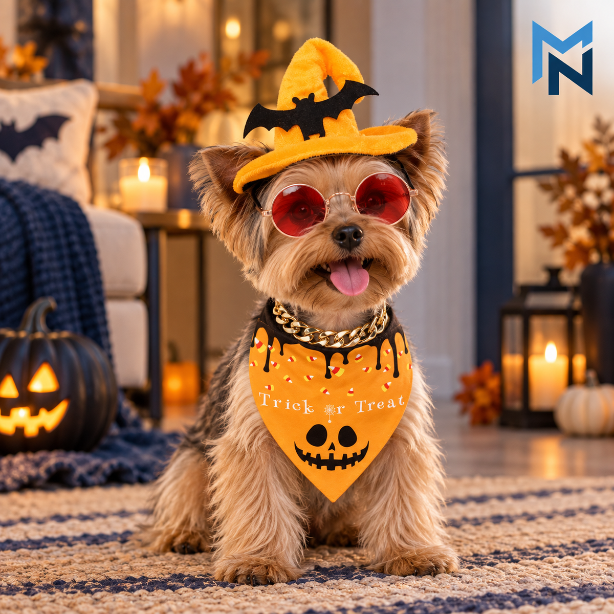 Dog wearing the Bat Halloween pet dress-up set with hat, glasses and bandana